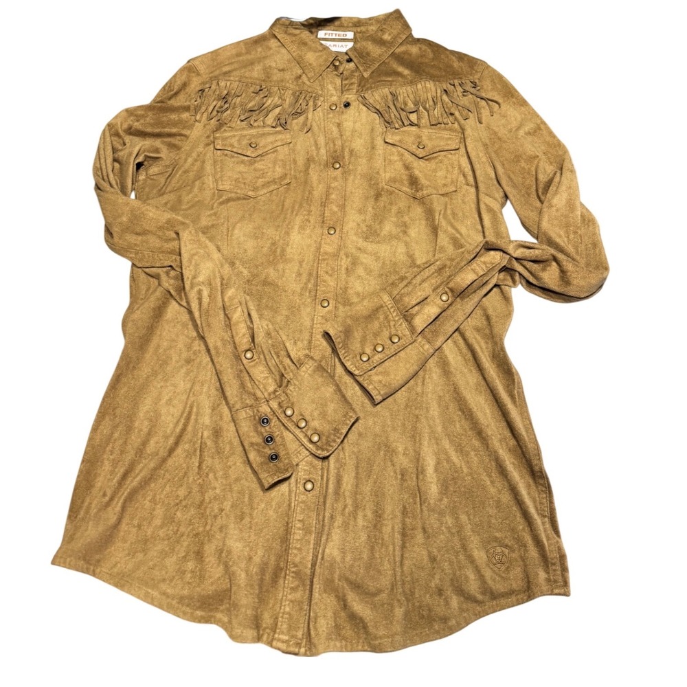 Ariat Shirt Women Small Brown Faux Suede Western Fringe Snap Fitted Button Down - Picture 4 of 7